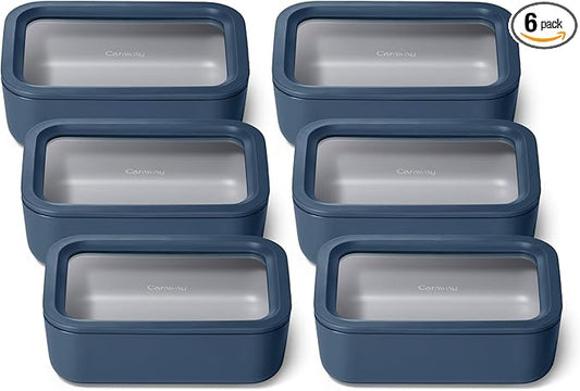 Caraway 6pc Glass Food Storage Set – 6.6 Cup Food Containers (6) - Ceramic Coated - Non Toxic, Non Stick with Lids - Microwave Safe - Navy