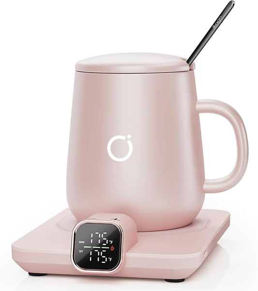 Coffee Mug Warmer Set, Temperature Control Smart Heated Mug for Desk, Electric Coffee Warmer with Auto Shut Off & Real-Time Temp Display, Gifts for Women Men, 15oz, Pink