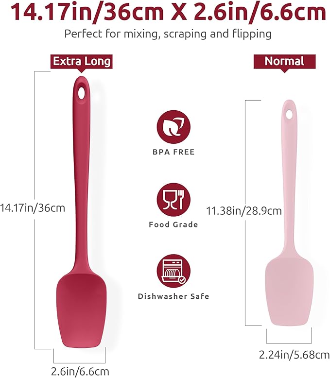 U-Taste Extra-Long 600ºF Heat Resistant Spatula Spoon: 14" Silicone Spoonula Cooking Utensils for Kitchen Use, Non-Stick Scoop Scraper with Soft Edge & Firm Core for Baking, Mixing, Serving (Red)