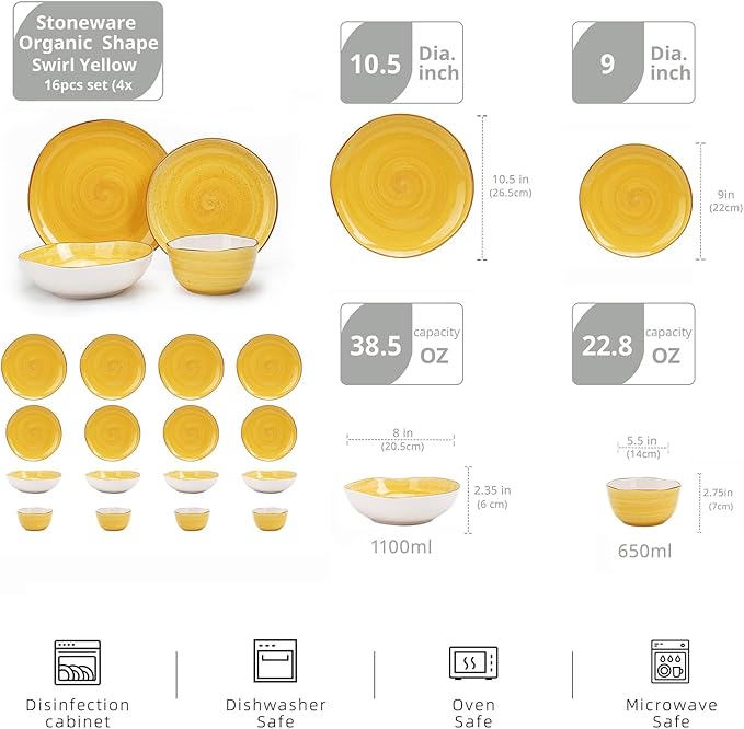 Highland 16-Piece Dinnerware Set Service for 4, Organic Shape Stoneware Plates and Bowls Set, Scratch Resistant, Microwave and Dishwasher Safe, Speckled Effect Handcrafted, Swirl Yellow