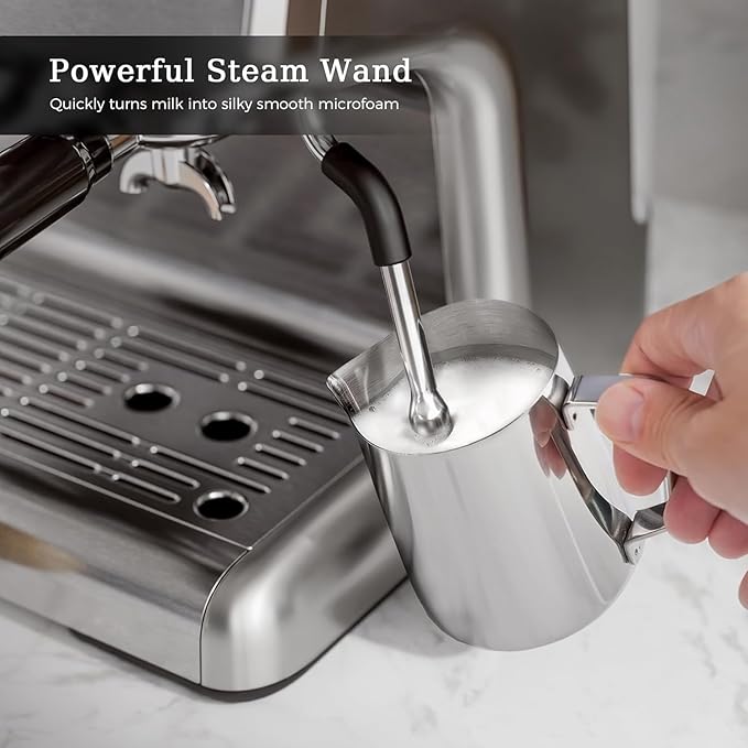 Kismile Espresso Coffee Machine with Grinder, 20 Bar Automatic Espresso Machine with Milk Frother Steam Wand, Removable Water Tank for Latte & Cappuccino(Silver)