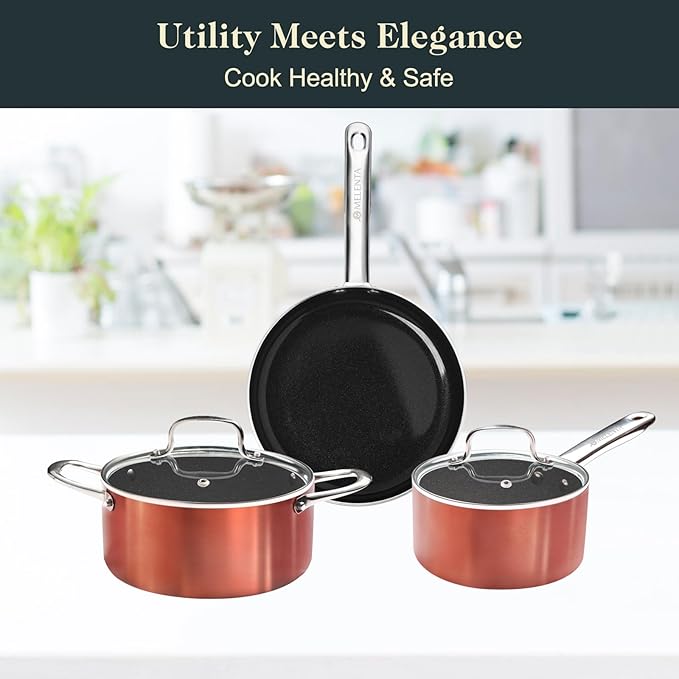 Pots and Pans Set Non Stick, 7 Piece Ceramic Cookware Set, Non Toxic Kitchen Induction Cookware Sets, Pots and Pans Cooking Set with Oven Safe Handle, 100% PFOA Free, Copper