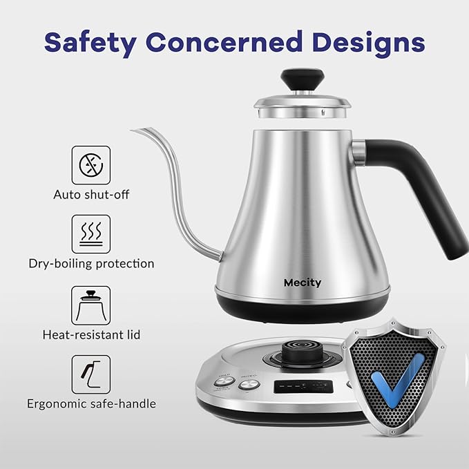 Mecity Electric Gooseneck Kettle With LCD Display Automatic Shut Off Retro Coffee Kettle Temperature Control Hot Water Boiler to Pour Over Tea, 1200 Watt Quick Heating Tea Pot, 0.8L, Stainless Steel