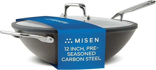 Misen Pre-Seasoned 12" Carbon Steel Wok - Naturally Nonstick - Perfect Size for Any Home Kitchen - Small Flat Bottom - Ergonomic, Stay-Cool Handles - Ready to Use, Compatible with All Cooktops