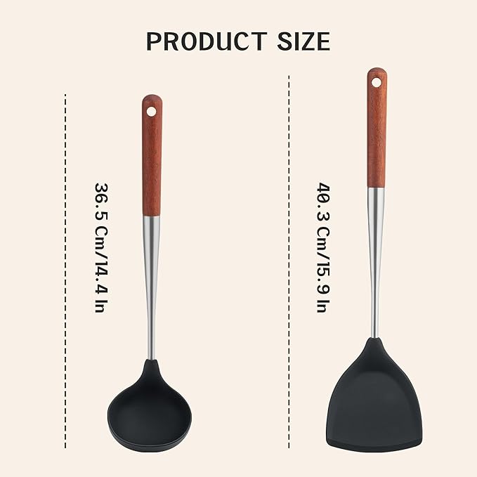 FJNATINH Silicone Spatula and Ladle Set - Stainless Steel Non Stick Heat-Resistant Kitchen Utensils BPA Free Cooking Utensils Cookware Wooden Handle, Pack of 2
