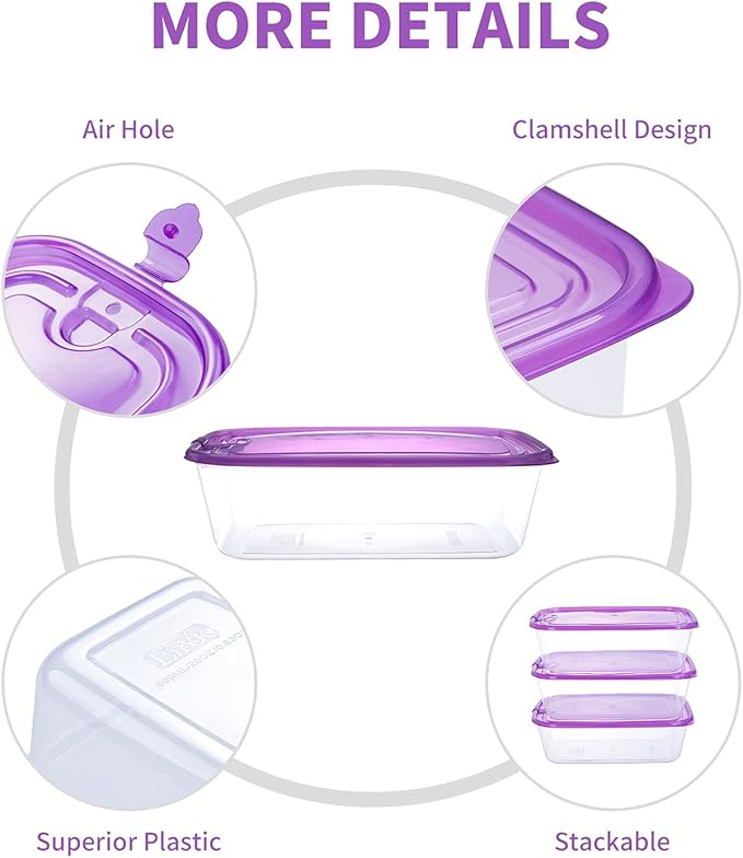 KIGI 【12 PACK】 Mixed Sizes Plastic Food Storage Containers Set with Lids Airtight Square Meal Prep Containers,Home Kitchen Pantry Containers (Transparent Purple, 20.3oz*4+44oz*4+67.6oz*4-12 Pack)