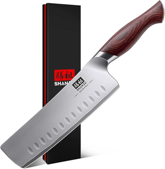 SHAN ZU 7 Inch Nakiri Knife, Japanese 10Cr15MoV High Carbon Stainless Steel Chopping Chef Knife, Professional Sharp Multipurpose Asian Kitchen Vegetable Cleaver Knife with Ergonomic Pakkawood Handle