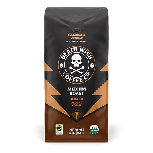 Death Wish Coffee, Organic and Fair Trade Medium Roast Ground Coffee, 16 Ounce (Pack of 1)