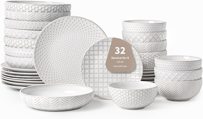 32-Piece Luxury Dinnerware Set,Complete Plates and Bowls Set for 8,Upscale Ceramic Dish Set for Hosting, Holidays & Family Gatherings–Microwave & Dishwasher Safe