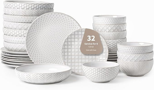 32-Piece Luxury Dinnerware Set,Complete Plates and Bowls Set for 8,Upscale Ceramic Dish Set for Hosting, Holidays & Family Gatherings–Microwave & Dishwasher Safe