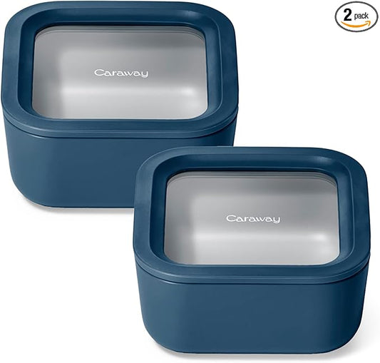 Caraway 2pc Glass Food Storage Set - 4.4 Cup Food Containers (2) - Ceramic Coated - Non Toxic, Non Stick Lunch with Lids - Dishwasher, Oven, & Microwave Safe - Navy