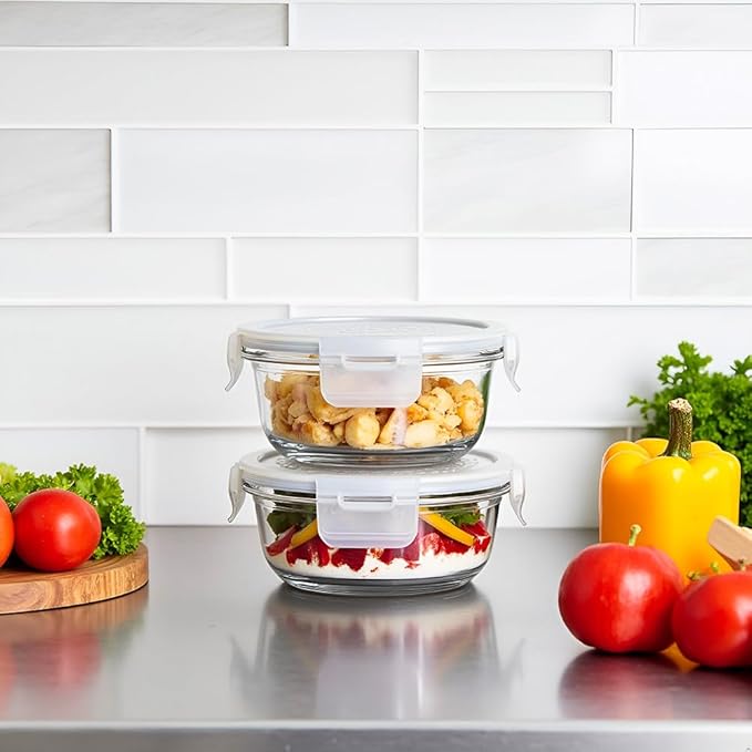 12 OZ Round Glass Food Containers With Lids, 1.5 Cup Small Glass Containers With Lids and Spoons for Office Lunch,Small Round Meal Prep Bowls for Oven, Fridge, Dishwasher safe (4 Pack)