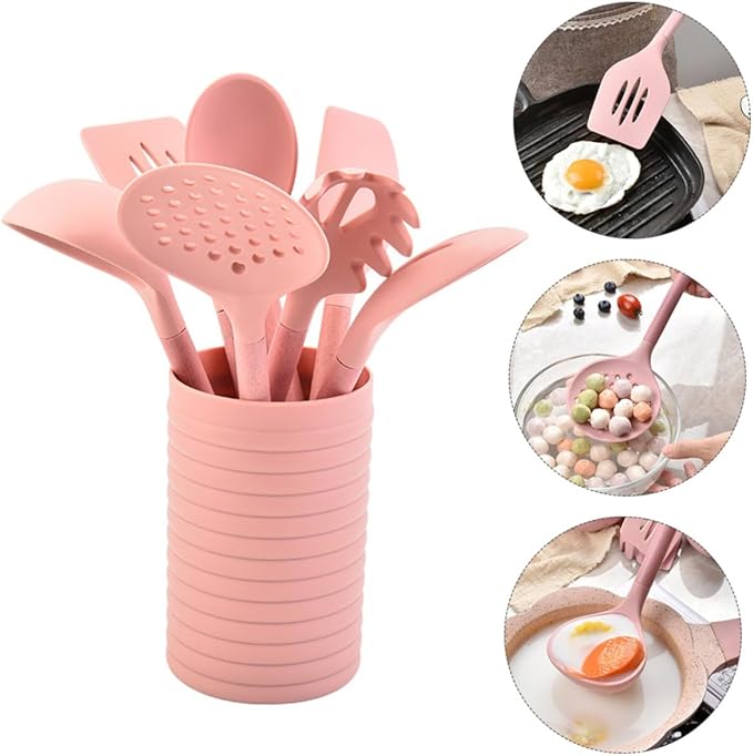 Silicone Kitchenware with Wooden Handles Cooking Utensil Kit Including Spatula and Spoon with Storage Bucket Heat Resistant Non-stick Silicone Tools for Home and Restaurant Cooking