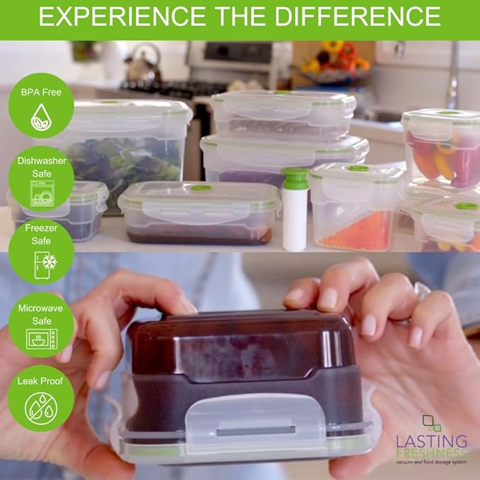 11 piece Vacuum Seal Food Storage Containers with Vacuum Pump, Airtight and Leak Proof, Vacuum Sealed Food Storage Containers, Meal Prep Containers, Keep Food Fresh up to 5 X Longer