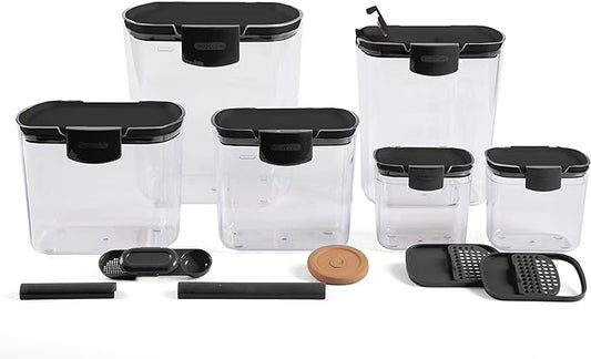 Progressive ProKeeper Baker's Airtight Kitchen Storage Canister Container Set for Flour, Sugar & More, Keeps Ingredients Fresh, with Accessories (Black, 6- Piece)