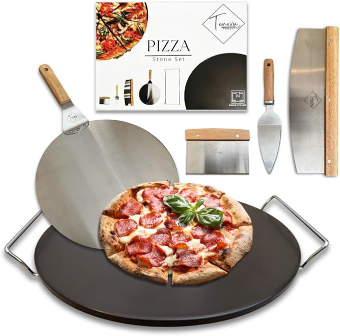Tenovu Supply 6 Piece Pizza Stone for Oven and Grill with 13" Black Cordierite Stone, Metal Holder/Rack, Stainless Steel Peel, Dough Cutter, Cutter Rocker, and Server - Pizza Oven Accessories