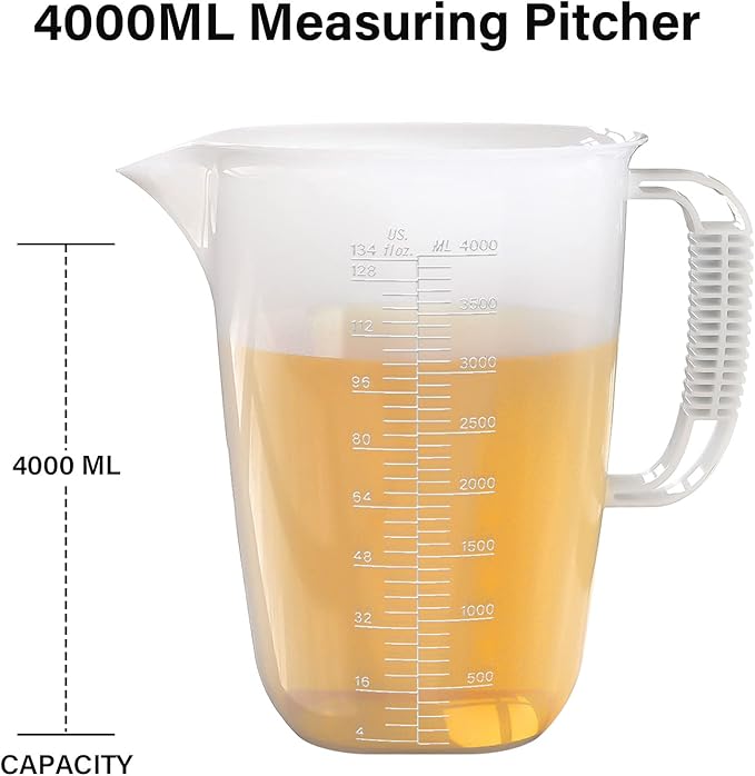 1 Gallon Measuring Pitcher, 134oz Extra Large Measure Pitcher-Convenient Conversion Chart-Strong Handle, Heat Resistant Plastic 1 Gallon Measuring Container for Pool Chemicals,Motor Oil, Lawn and Cook