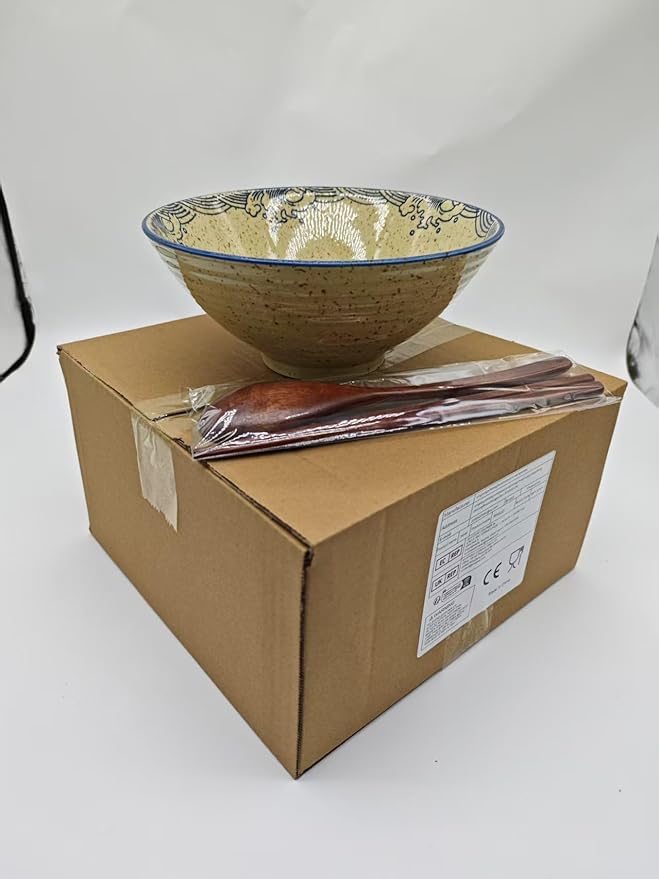 40 OZ ceramic ramen bowls, 8 IN large Japanese noodle soup bowl, match chopsticks and spoons, suitable for Pho, Udon Asian noodles (Japanese fish)