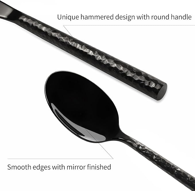 18/10 Stainless Steel Flatware Set Hand Forged Silverware Set Black Cutlery Set Round Hammered Handle Mirror Finished Heavy Duty 20 Pieces Service for 4