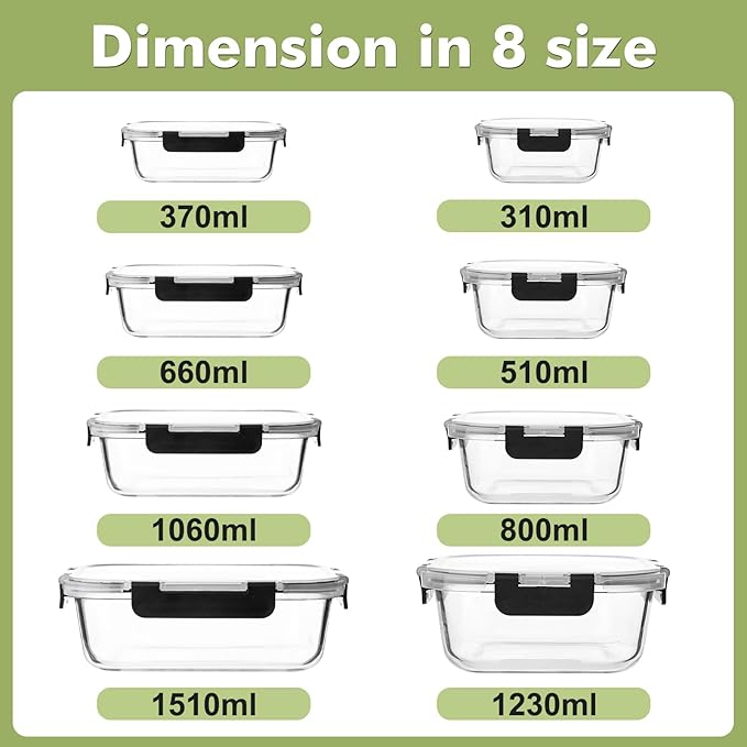 Liuruiyu 8 Pack Glass Food Storage Containers with Lids, Meal Prep Containers, Airtight Bento Boxes with Leak Proof Locking for Microwave, Oven, Freezer and Dishwasher, BPA Free