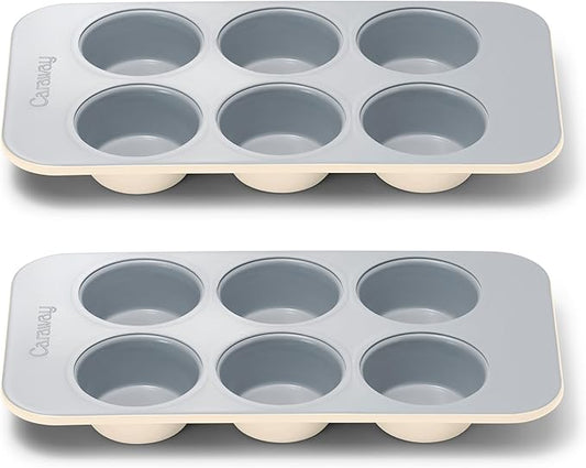 Caraway Nonstick Ceramic 6 Cup Muffin Pan Duo – Non-Toxic, PTFE & PFOA Free – Oven Safe – Aluminized Steel Core – Small Muffin Pan for Baking Cupcakes, Muffins & More - Cream