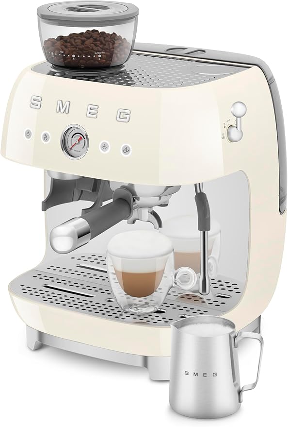 Smeg EGF03 Semi-Automatic Espresso Machine with Built-In Grinder, Dual Thermoblock, 50’s Retro Style – Cream (120 V)