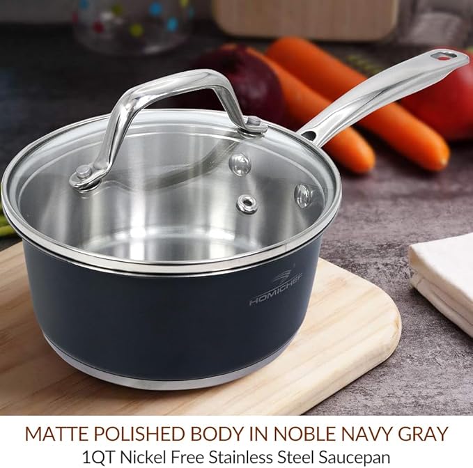 HOMICHEF 1 QT Nickel Free Stainless Steel Saucepan Coating Free - Navy Gray Healthy Non Toxic Small Pot Induction - Stainless Steel Saucepan with Glass Lid