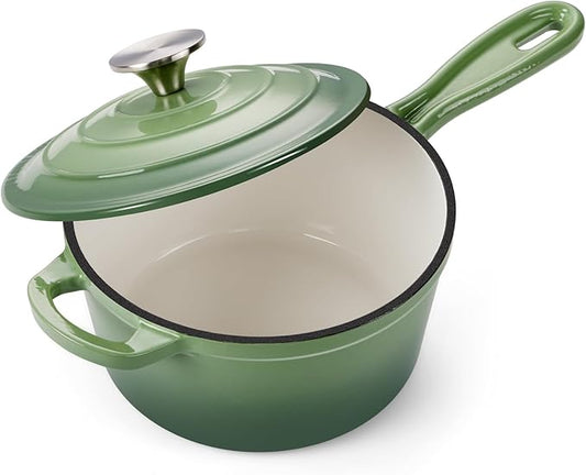 Onader Cast Iron Sauce Pan Pot, 2QT Small Saucepan with Lid, Enameled Cast Iron Dutch Oven Cooking Kitchen Pot – Pistachio Green