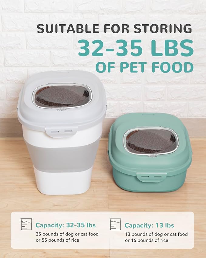 30-35 Lbs Dog Food Storage Container Collapsible Dog Food Container with Airtight Lids, Wheels, Scoop and 2pcs Food Storage Containers, Large Pet food storage for Dog, Cat (Green)