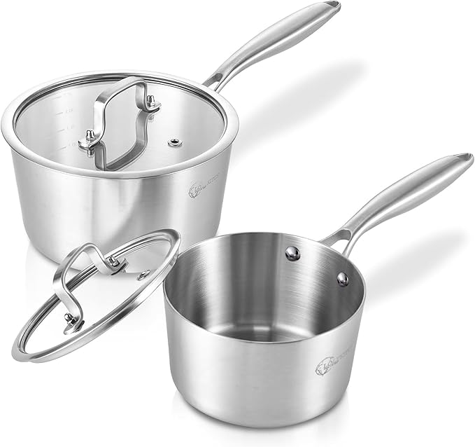 LOLYKITCH Tri-Ply Stainless Steel Saucepan Set-1QT & 2QT with Lids,Induction Sauce Pots,Pots and Pans Set,Oven and Dishwasher Safe.