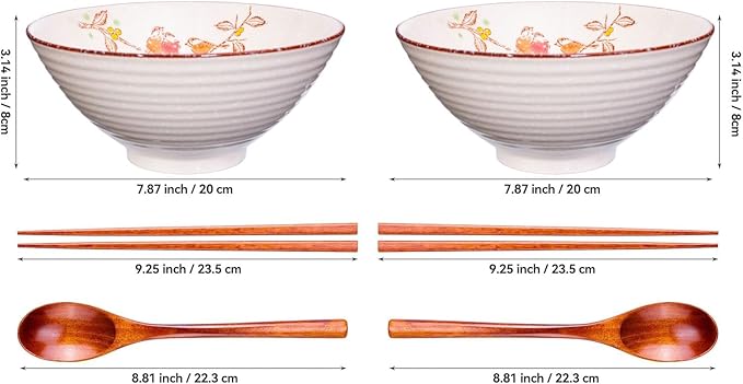 2 x 40 OZ ceramic ramen bowls, 8 IN large Japanese noodle soup bowl, match chopsticks and spoons, suitable for Pho, Udon Asian noodles (Flowers and birds 2 set)