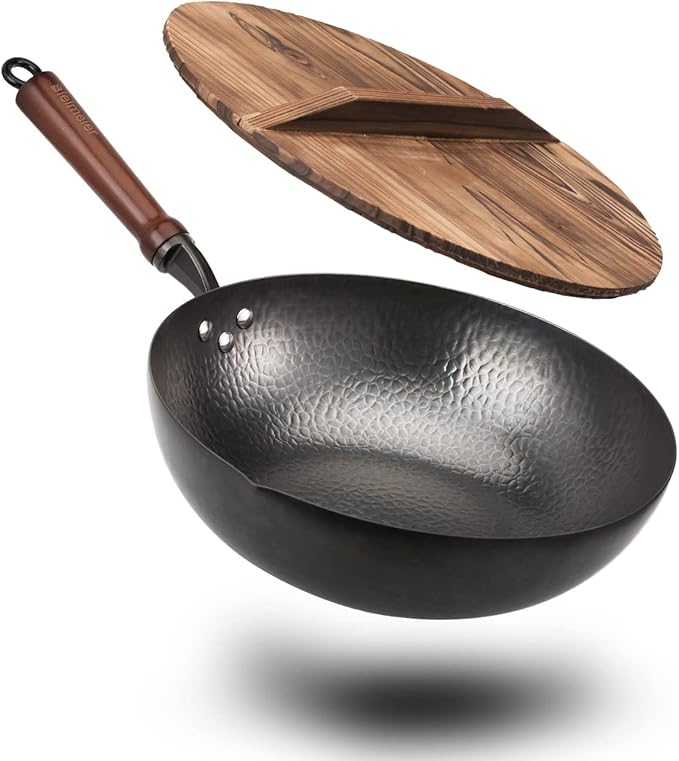 BIELMEIER 12.5" Wok Pan- Woks and Stir Fry Pans, Carbon Steel Wok, Flat Bottom Wok with Lid Suits for all Stoves