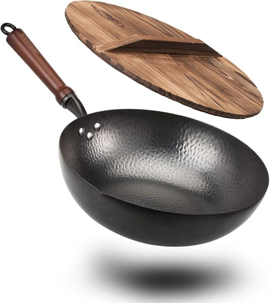 BIELMEIER 12.5" Wok Pan- Woks and Stir Fry Pans, Carbon Steel Wok, Flat Bottom Wok with Lid Suits for all Stoves