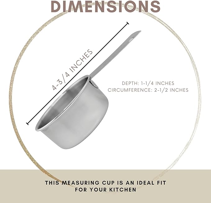 1/3 Cup Stainless Steel Measuring Cup | Sturdy Metal 80 ml | 80 cc | 3 oz | Single Cup for Wet and Dry Ingredients | Great for use as 1/3 Cup Dog Food Scoop - 1 PK