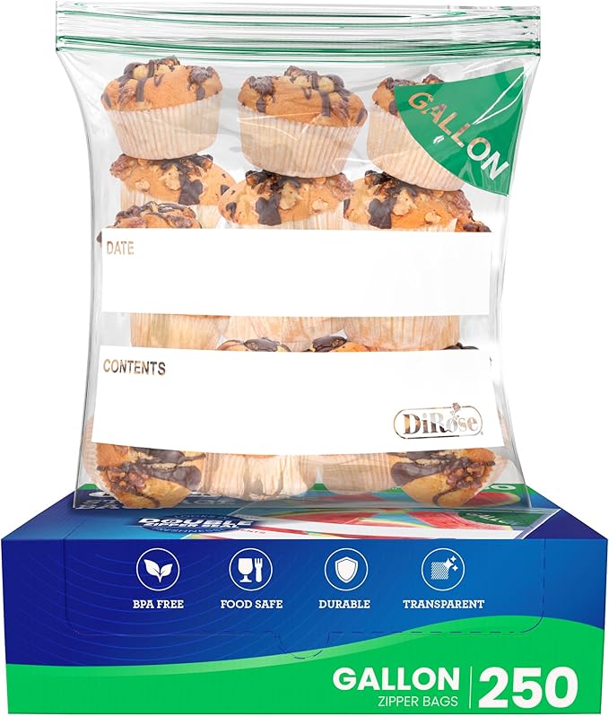 DiRose Gallon Bags Pack of 250 – 1 Gallon Reclosable Storage Bags – Practical and Durable Design – Food Safe Non-BPA Material – Easy Zip Closure – Ideal for Food, Snacks, Dog Treats, Organizing