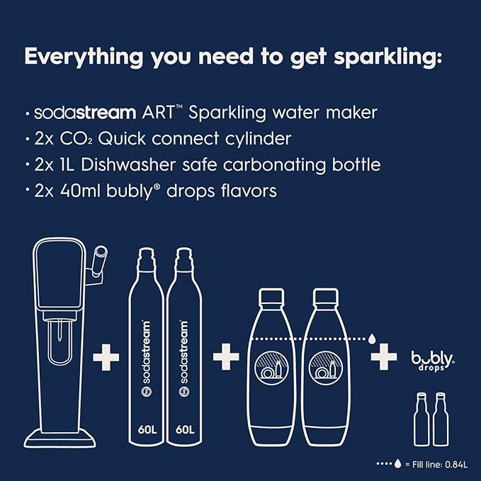 SodaStream - ART Sparkling Water Maker | VALUE BUNDLE | CQC CO2 system | Includes 2x CO2 Cylinders, 2x 32 Fl Oz Dishwasher Safe Bottles, 2x Bubly Flavor Drops | Combine with Pepsi Flavors | White