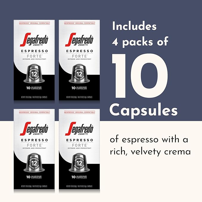 Segafredo Zanetti Espresso Capsules – Aluminum Pods for Nespresso Original Machines – Extra Dark Roast Premium Espresso with a Bold Aroma – Smoky, Intensity 12 – Forte, 10 Count (Pack of 4)