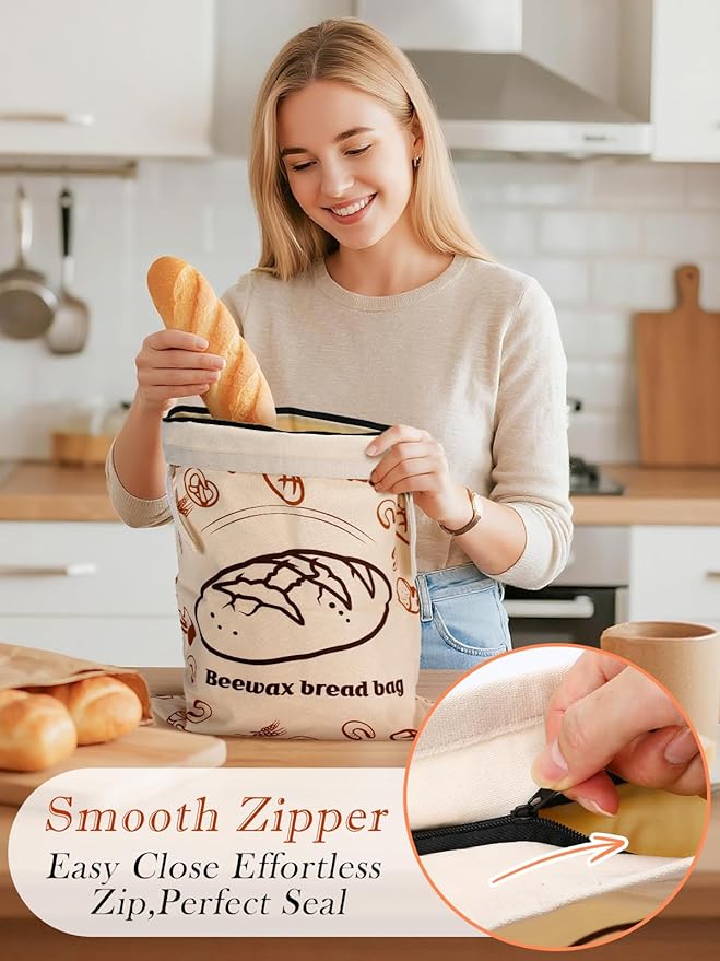 ANPHSIN Natural Beeswax Bread Bags with Sealing Zipper - 13''x16.7'' Reusable Sourdough Storage Wraps for Homemade Bread, Keeping Food Fresh, Gifts for People Who Love Baking, Loaf Pattern, 1 Pcs