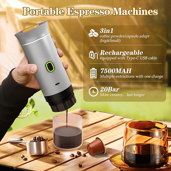 Portable Espresso Maker, Travel Coffee Maker for camping, Portable Espresso Machine with USB-C, 3-in-1 Small Espresso Machine with Ground Coffee & Capsules (NS＆DG) for RV, Hiking, Office (Silver)