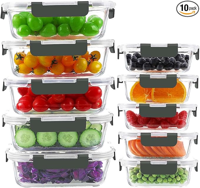 KAMOTA Glass Food Storage Containers, 10 Pack Glass Meal Prep Containers, Airtight Containers with Snap-Lock Lids, 34 oz and 13 oz gray Container Set with Lids, for Microwave/Oven/Freezer/Dishwasher