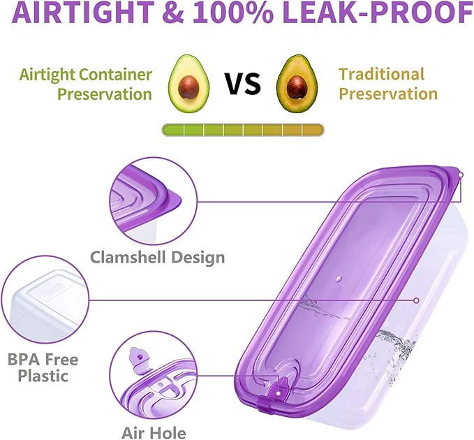 KIGI 6 PACK 44OZ Rectangular Meal Prep Container Plastic Food Containers with Lid