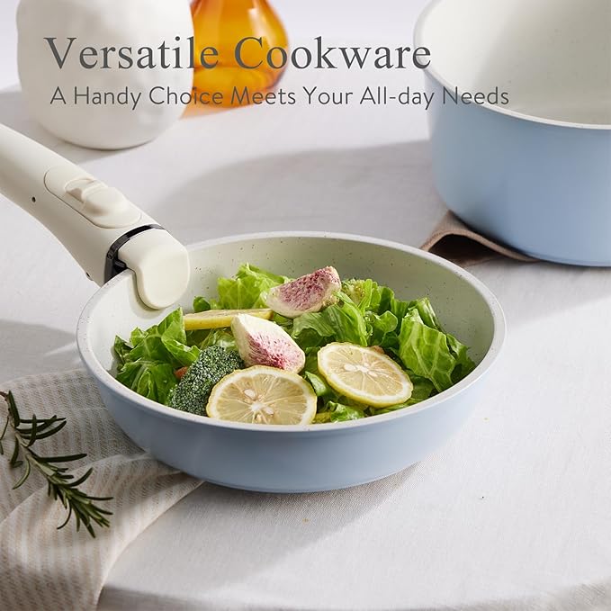 Pots and Pans Set Healthy Non toxic Non Stick Ceramic Cookware Set 21 Pcs Detachable Handles, Oven Safe, Induction Dishwasher, Stackable Frying Pan (PFOS, PFOA Free),Blue