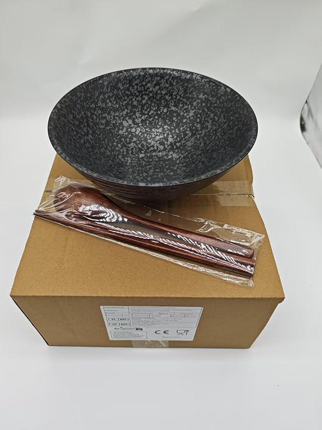 40 OZ ceramic ramen bowls, 8 IN large Japanese noodle soup bowl, match chopsticks and spoons, suitable for Pho, Udon Asian noodles (Black color)