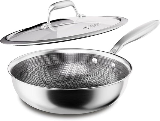 COOKER KING 10-Inch Wok with Lid, Hybird Nonstick Wok Professional Grade, Stainless Steel Woks & Stir-Fry Pans, Stay-Cool Handle, Dishwasher & Oven-Safe,Compatible with All Cooktops