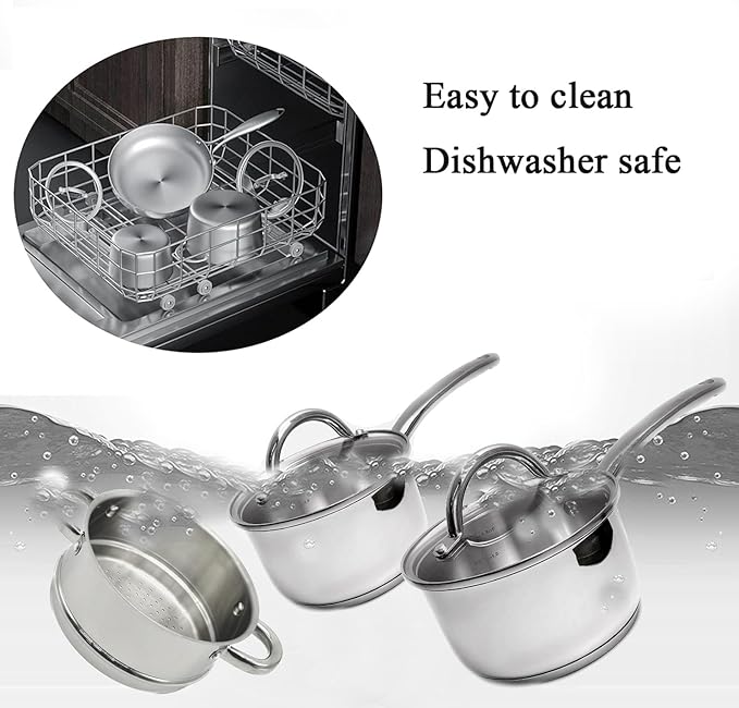 Stainless Steel Saucepan Glass Lid Steel handle Induction Impact Bonded 7 PCS Set