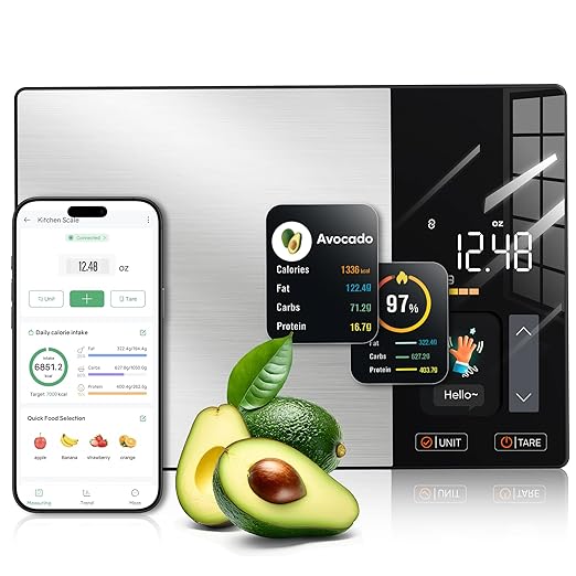 Smart Nutrition Food Scale with TFT Display, Tracks Calories, Fat, Carbs & Protein, Works with App for Daily Reports, 50 Built-in Foods, 23 Nutrients, Digital Kitchen Scale for Meal Prep