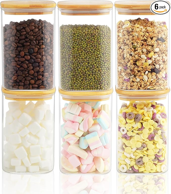 37 oz Glass Food Storage Jars - Set of 6 Glass Canister Sets Square Pantry Storage Containers with Lids for Serving Tea, Coffee, Flour, Sugar, Candy, Cookie, Spice and More