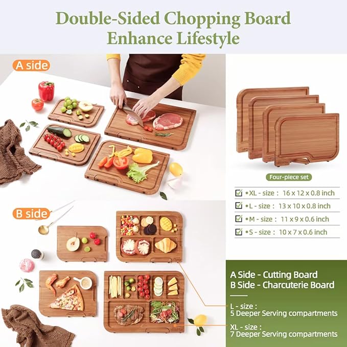 4-PCS Bamboo Cutting Board Set, Wood Cutting Board for Kitchen with Innovative Stand, Juice Groove & Handle, Double Sided for Chopping & Charcuterie Board, Kitchen Gift for Home Cooks, For Meat &Fruit