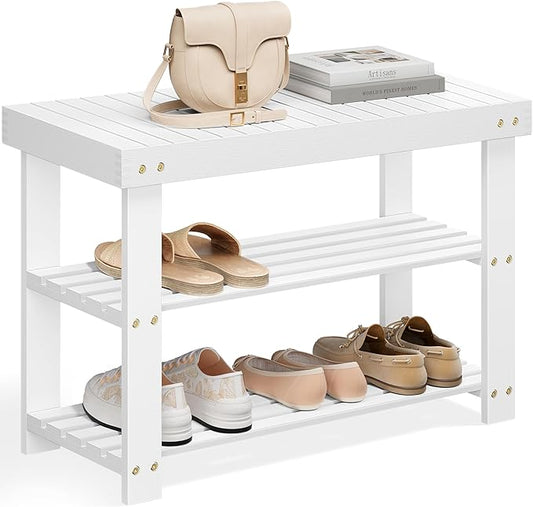 SONGMICS Shoe Rack Bench, 3-Tier Bamboo Shoe Storage Organizer, Entryway Bench, Holds Up to 286 lb, 11.3 x 27.6 x 17.8 Inches, for Entryway Bathroom Bedroom, Cloud White ULBS004W01