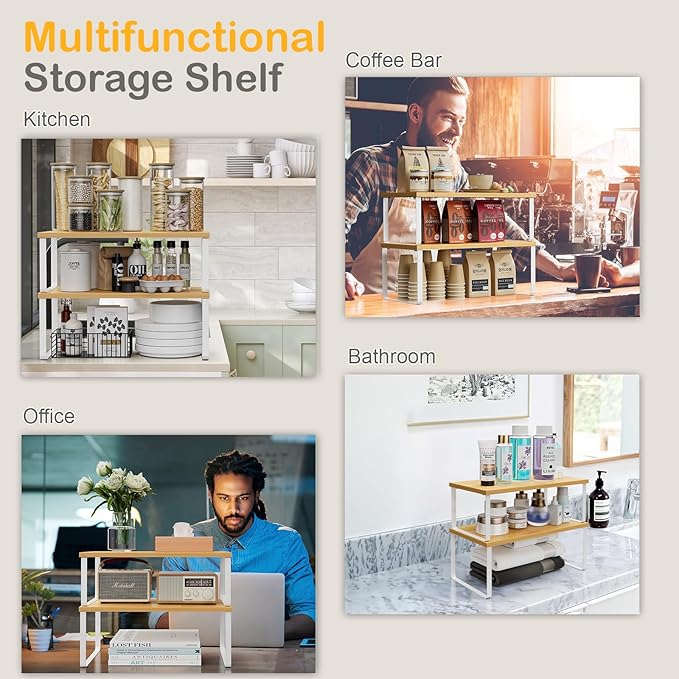 Cabinet Shelf Organizers, 15.7 inches Large Kitchen Counter Shelf, Set of 2 Wood Kitchen Pantry Organizer, Storage Shelves for Countertop, Spice Rack, Stackable, Expandable, Metal White, Nature